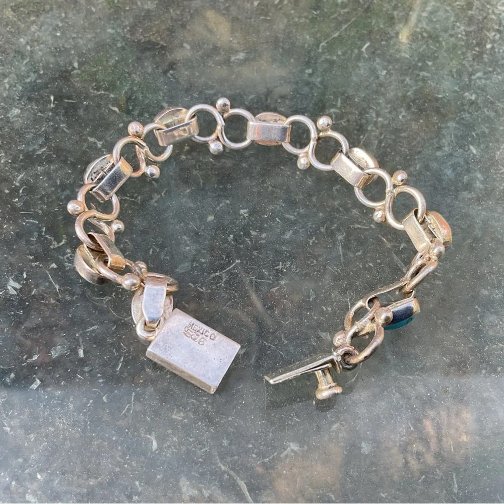 Gorgeous Mexican 925 Sterling Silver Turquoise Oval Link Chain Bracelet 7.5in - Picture 4 of 9